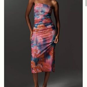 Floral Strapless Ruched Mesh Midi Dress Size Small Wedding Guest Vacation Resort